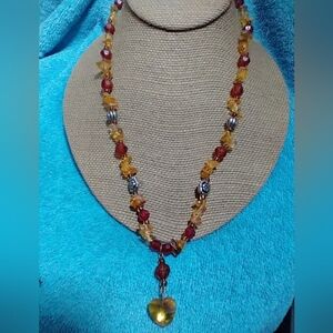 Elegant Multicolor Beaded Necklace with Heart Pendant faux amber beads vintage